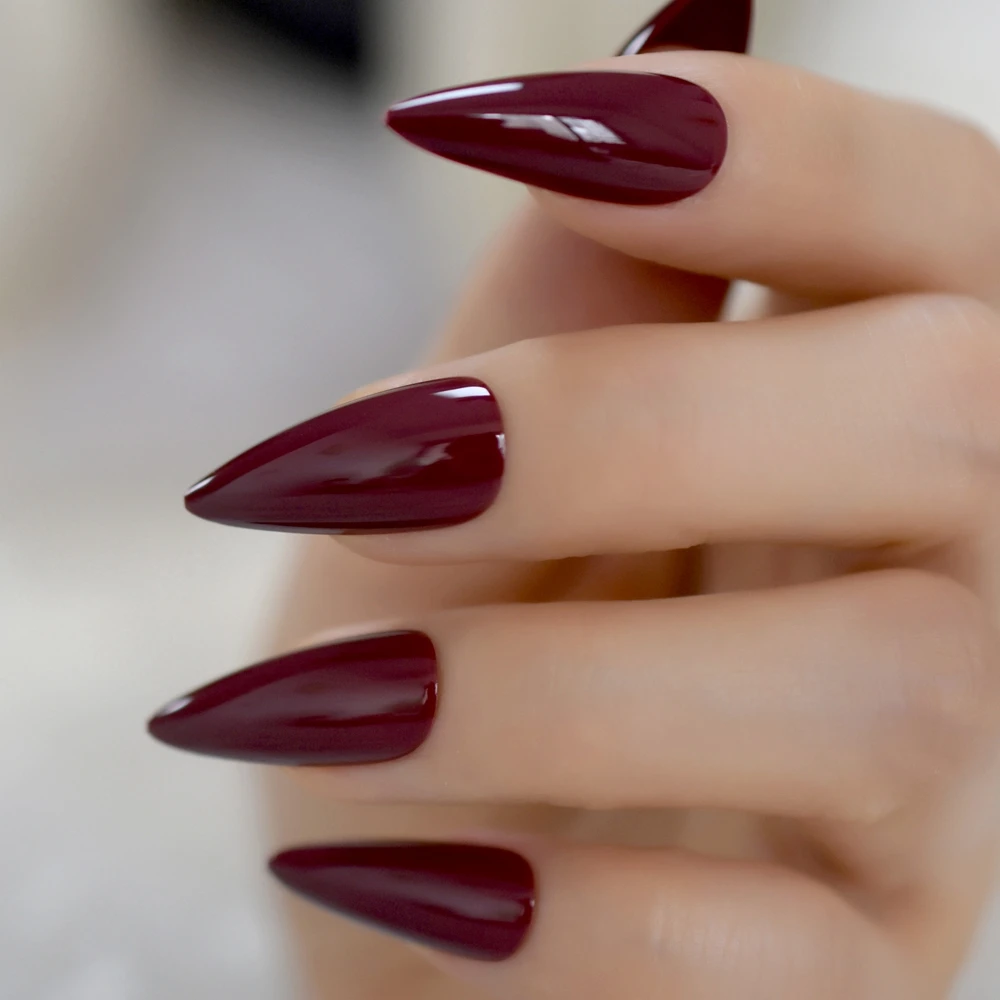 Maroon Red Gel Fantasy False Nails Almond Pointed Dark Sexy False Nails Medium Long Size Stiletto Tips with Glue Sticker