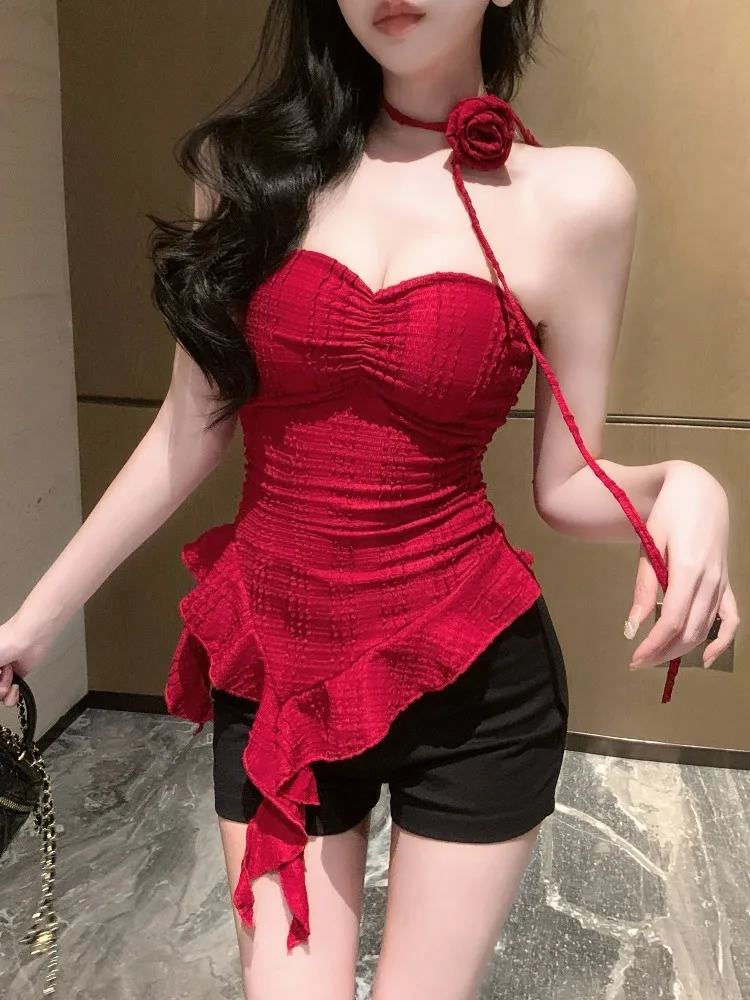 

Летний женский укороченный топ Dopamine Hot Girl Red без рукавов с асимметричной кружевной отделкой из смесового льна для городских прогулок