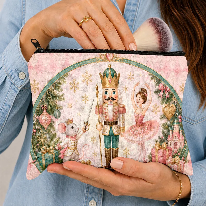 Christmas Nutcracker Ballet Print Makeup Bag Mouse King Ballerina Cosmetic Pouch Holiday Travel Zipper Storage Pouch Xmas Gift