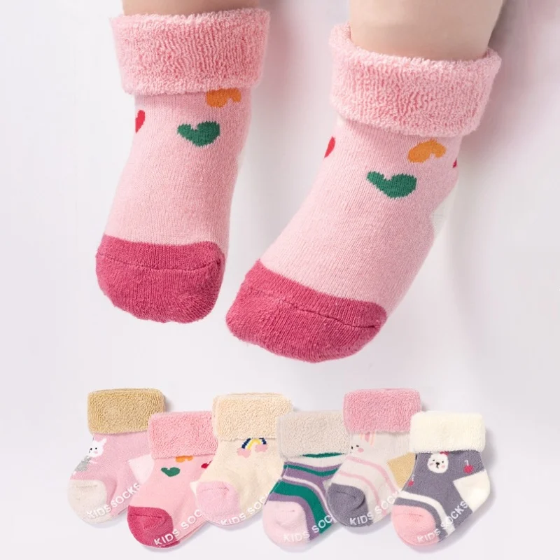 

3Pairs/set New Warm Baby Socks Winter Thickened Loop Anti-slip Newborns Socks Fashionable Cartoon Print Floor Socks For Boy Girl