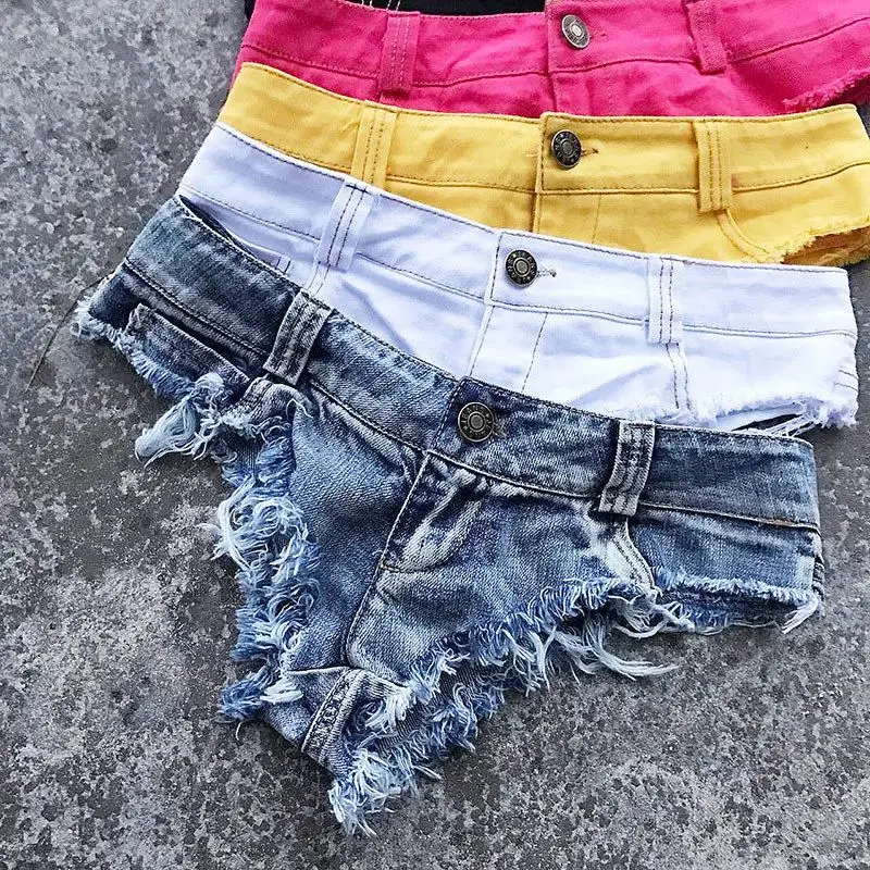 

Qisin 2023 Sexy Low Waist Tassel Denim Shorts Women's Fashion Hole Design Casual High Waist Skirt PU Material