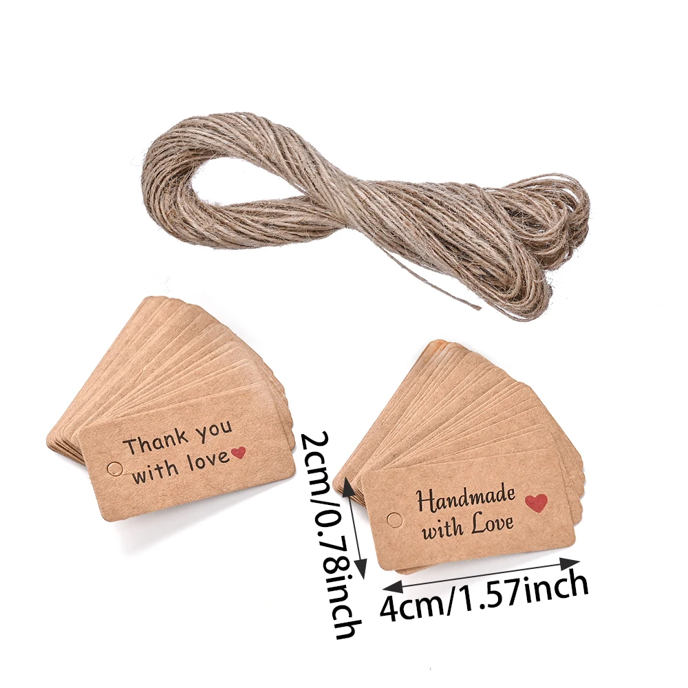 100 Stück Kraftpapier-Etiketten für Handarbeiten und Dankeschön-Geschenke mit Juteseil, geeignet für Party-Souvenirs und Schmuckverpackungen – Detail 3