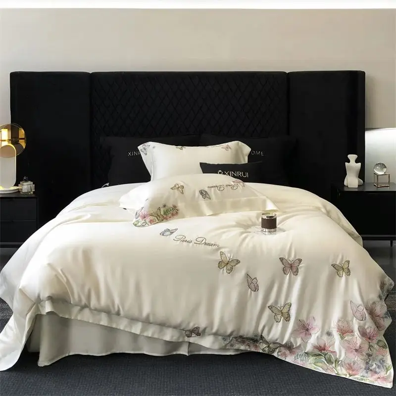 Luxury Butterfly Flowers Embroidery Bedding Set Lyocell Eucalyptus Fiber Soft Silky Breathable Duvet Cover Bed Sheet Pillowcases