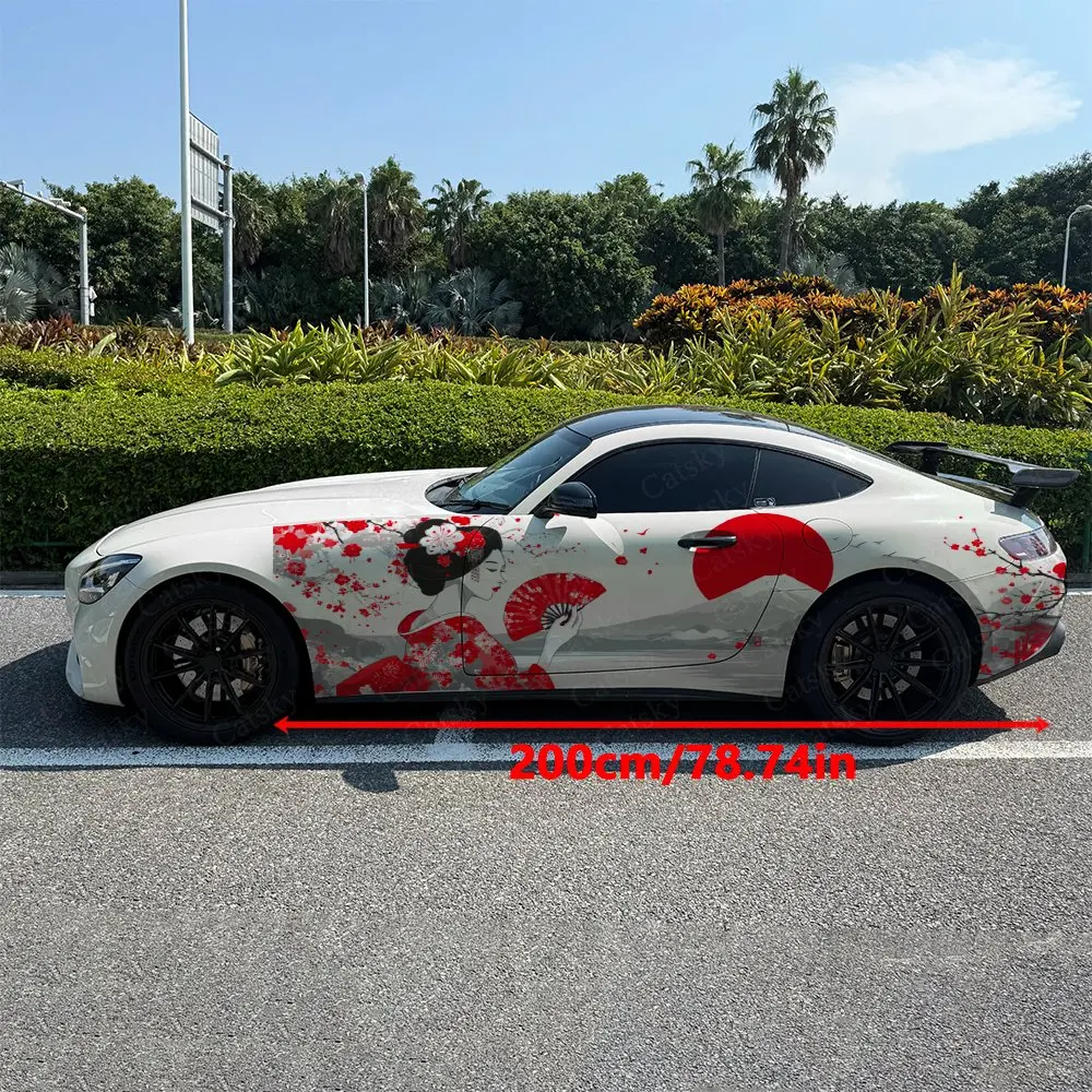 2pcs Falling Cherry Kimono Lady Car Side Wraps, Self-Adhesive PVC Waterproof & Scratch-Resistant Stickers, Car Accessory Gift