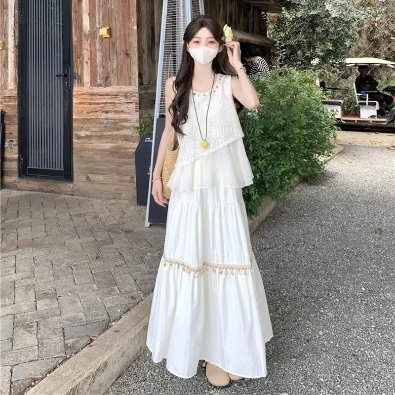 

Women's Summer Boho Graceful White Lace Sleeveless Skirts Two Piece Set Lady Bohemian Tops Long Skirt Outfits 2026 Clothing Suit
