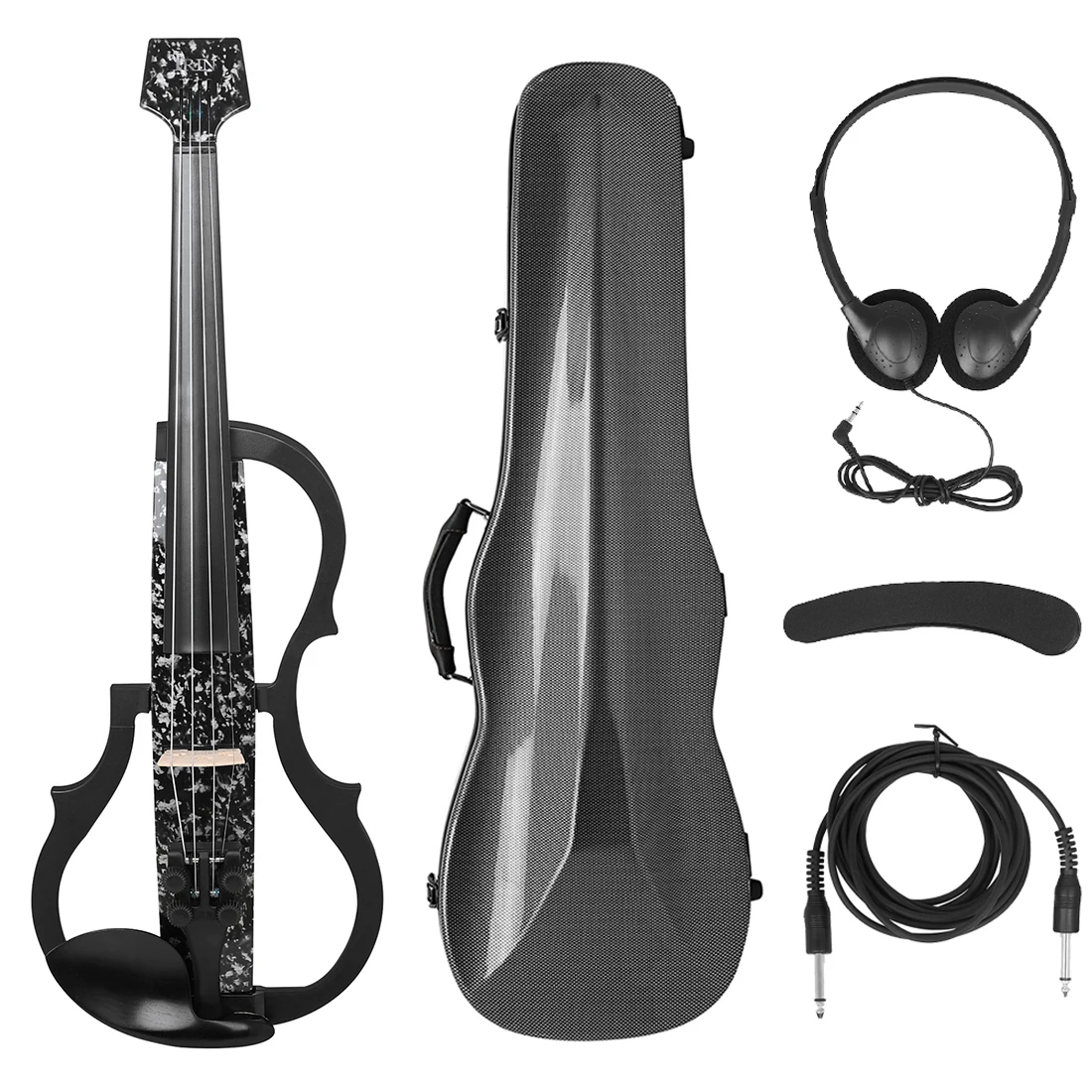 

4/4 Intelligent Silent Electric Violin Headless Carbon Fiddle Violin with Bow Carry Case Headphone Cable Shoulder Rest Parts