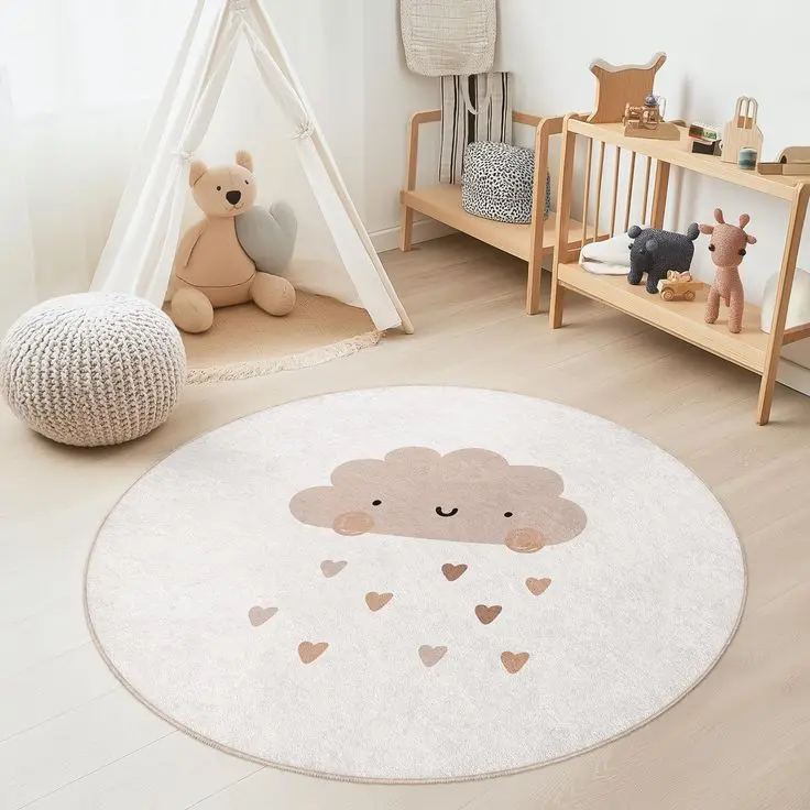 Whimsical Round Rug – Cartoon Mountain, Rainbow, Hot Air Balloon & Celestial Art for Kids’ Room Decor