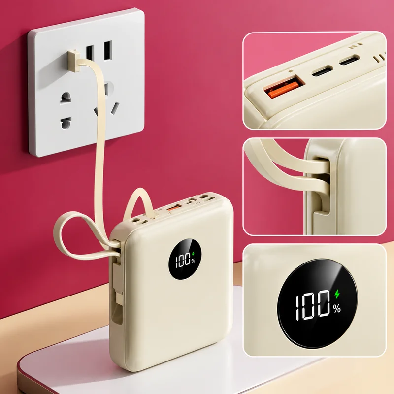 20000mAh 66W Fast Charging Power Bank With Built-in USB-C Cables LED Display PD3.0 QC4.0 For iPhone Samsung Huawei Mobile Phones