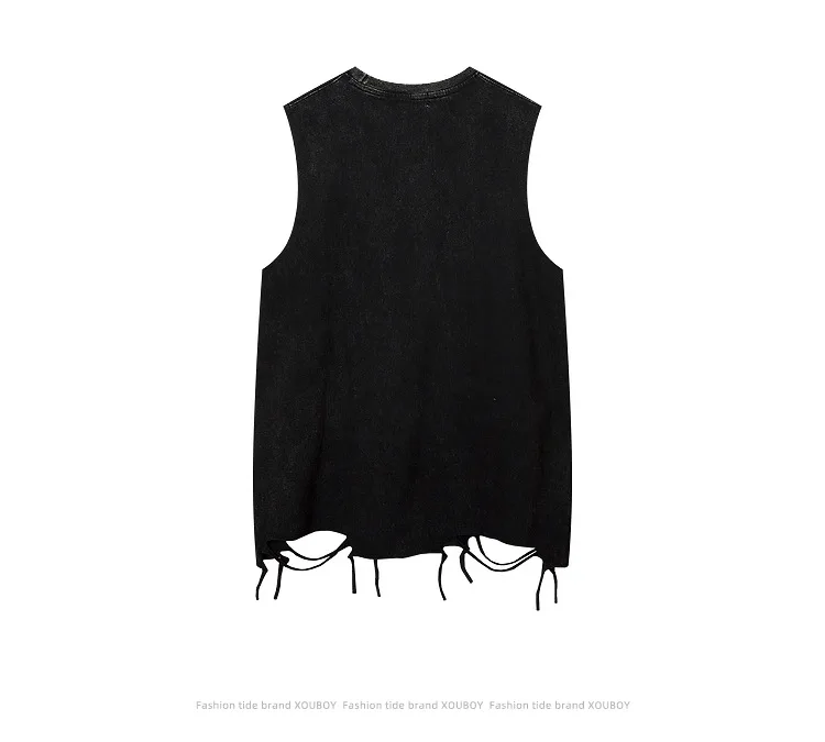 Men's Printed Hip Hop Vests Fashion High Street Loose Fit Ripped Tank Tops Washed Vintage Sleeveless Tees With Necklace