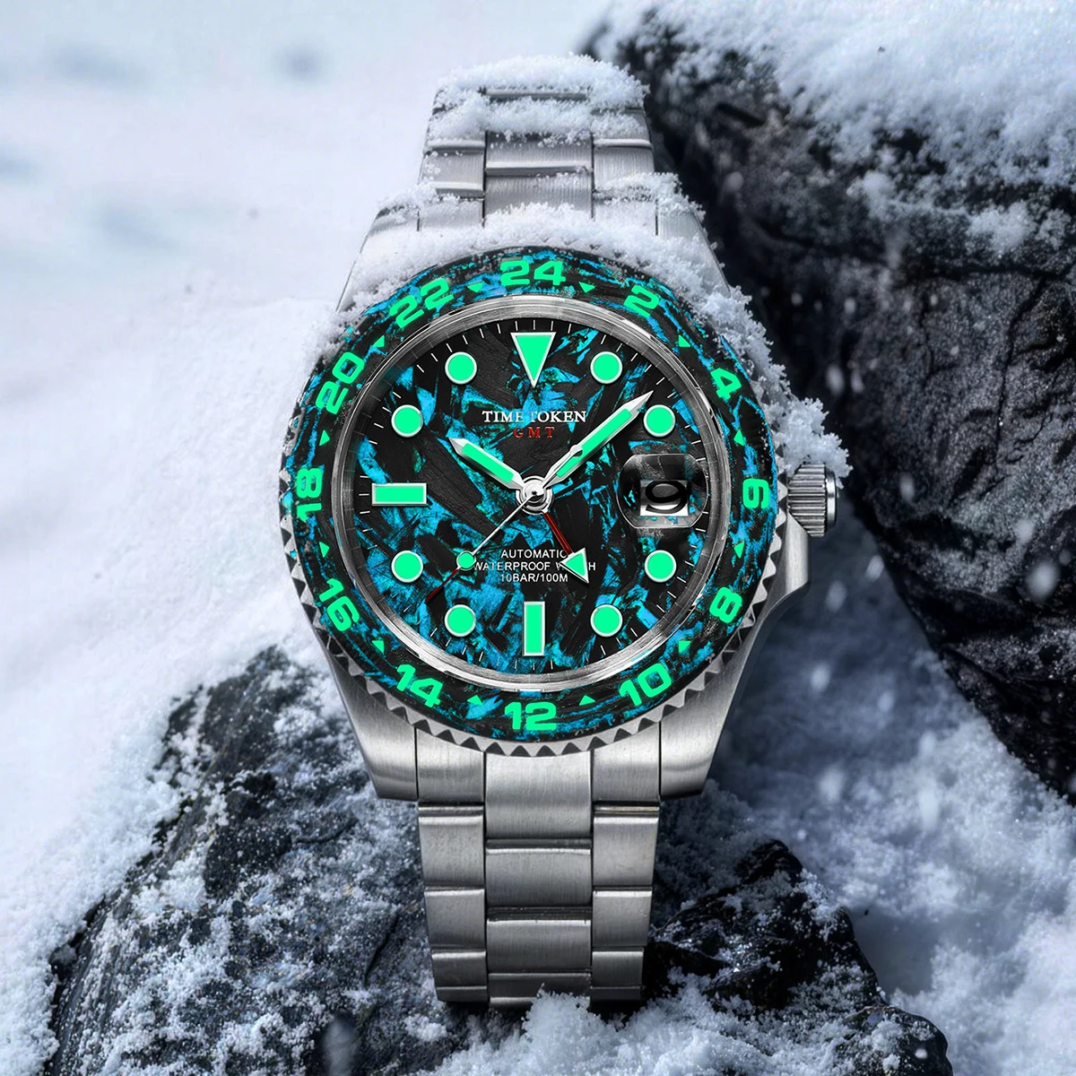 

Мужские автоматические механические часы GMT Luminous Carbon Fiber с календарем, из нержавеющей стали, люксовые, для дайвинга, 10ATM