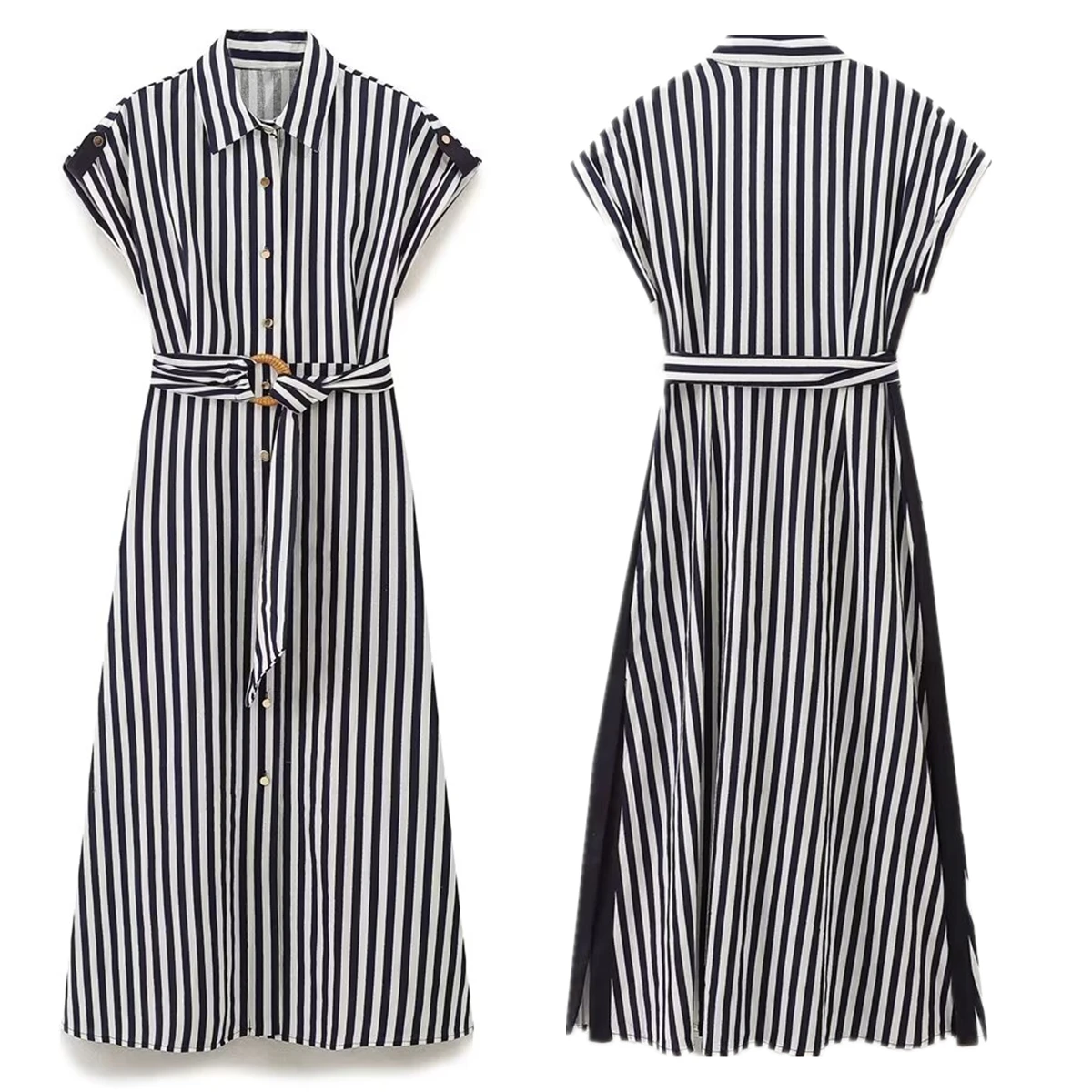 Maxdutti Striped Long Shirt With Belt Vestidos Summer Dress Women French Minimalist Dress Women