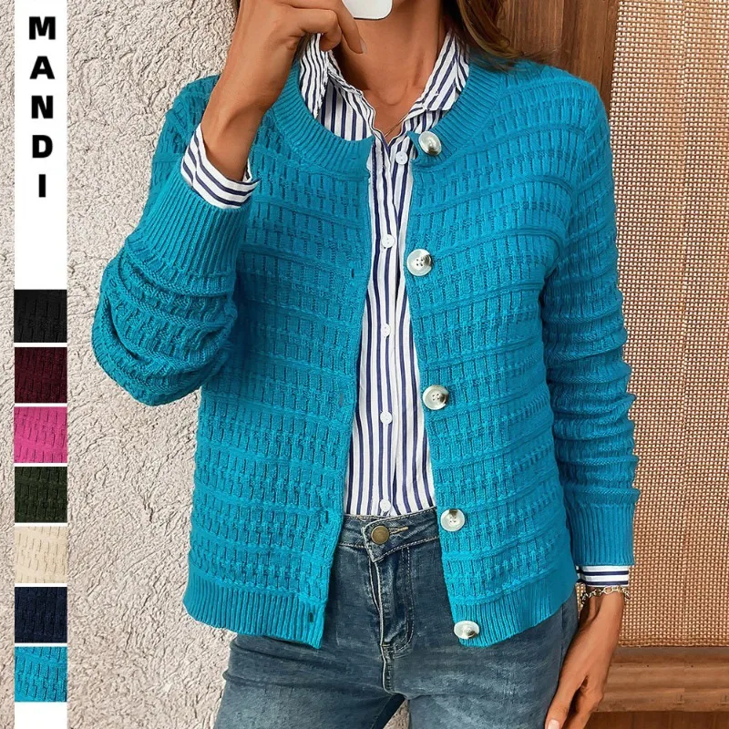 

2025 Autumn New Women's Fashion Solid Color Commuter Knitted Cardigan Casual Sweater Jacket