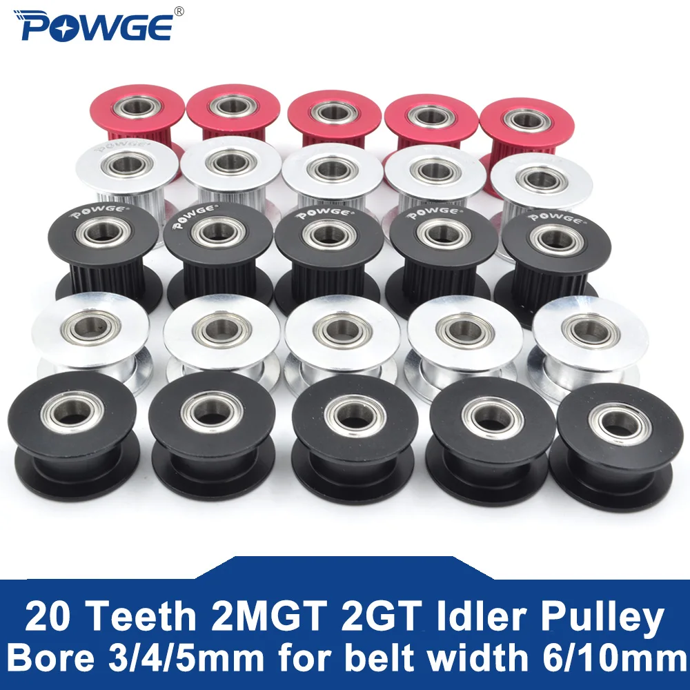 POWGE 2M 2GT 20 Teeth Timing Idler Pulley Bore 3/4/5mm Red Black with Bearing for GT2 2GT Open belt Width 6mm 10mm 20teeth 20T