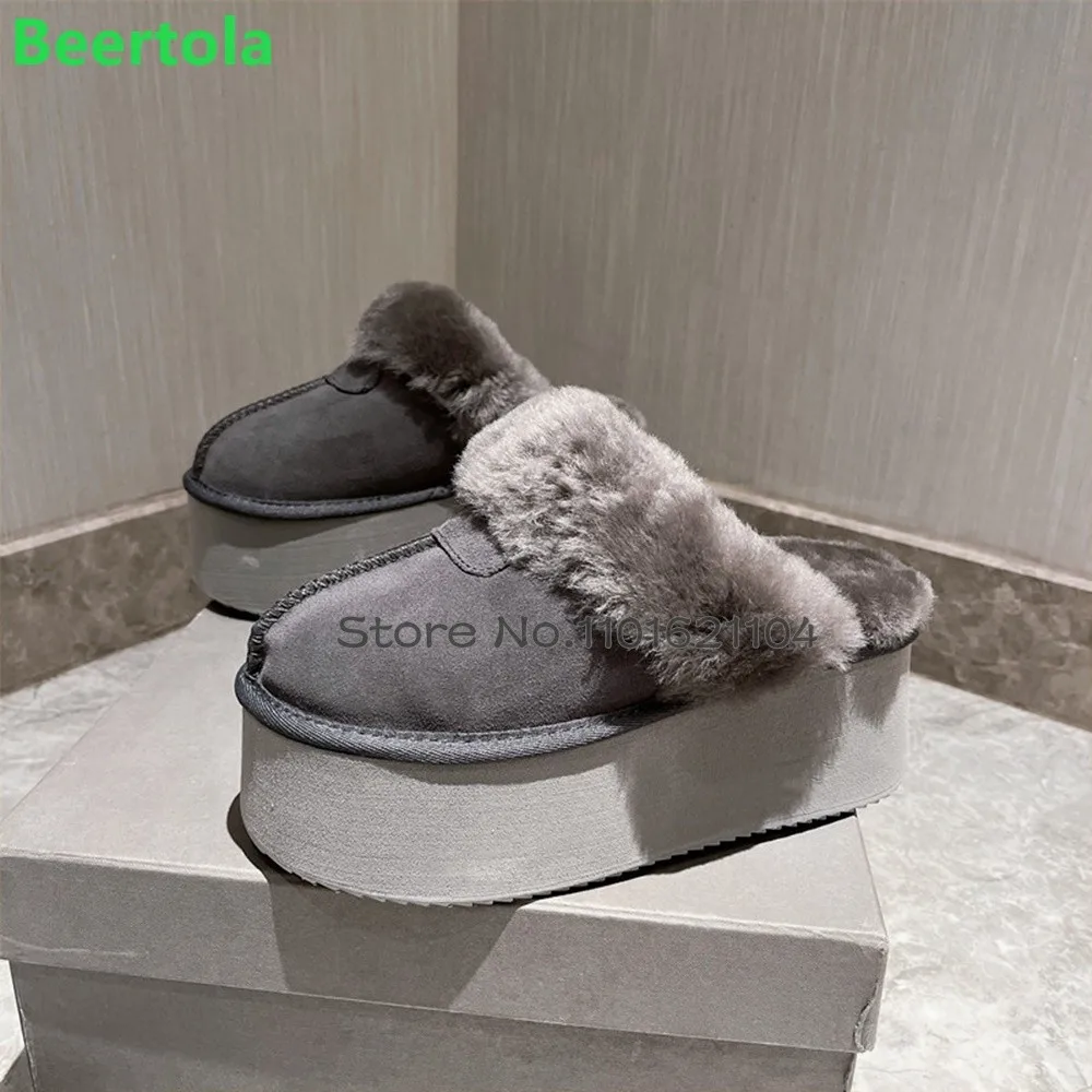 Thick Sole Warm Fur Winter Slippers For Female Women 2024 New Round Toe Platform Outside Solid Casual Elegant Fashion Snow Shoes