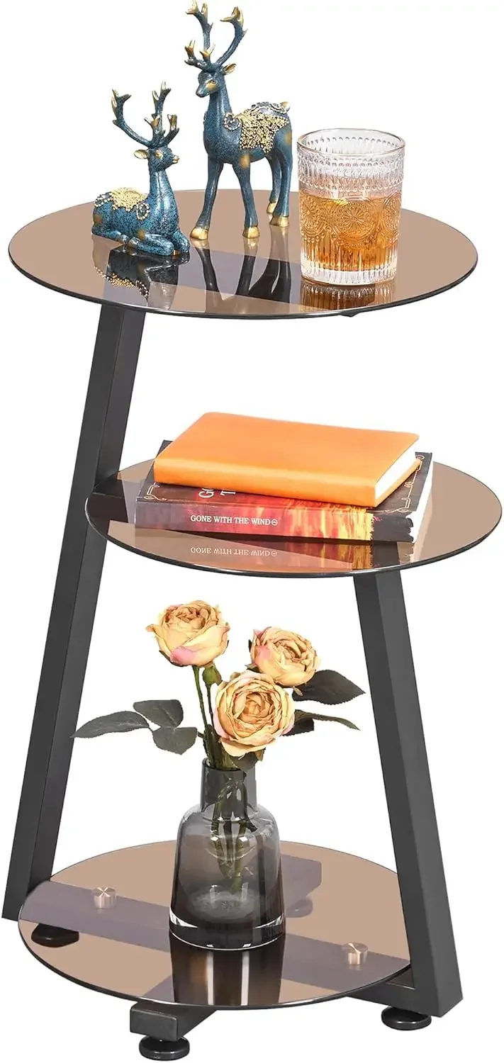 Round End Table Tempered Glass Side with Metal Frame, Accent Nightstand Bedside  with 3-Tier Shelves,