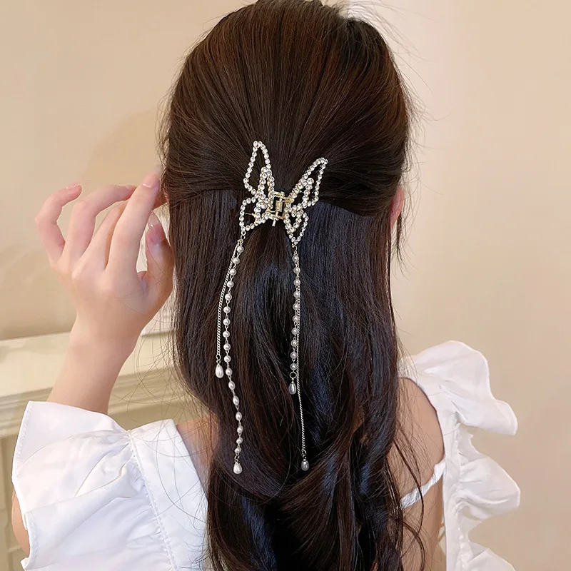 2022 Retro Ladies Butterfly Pearl Tassel Hair Clips Korean Elegant Shark Clip Hair Styling Clip Hair Accessories Women