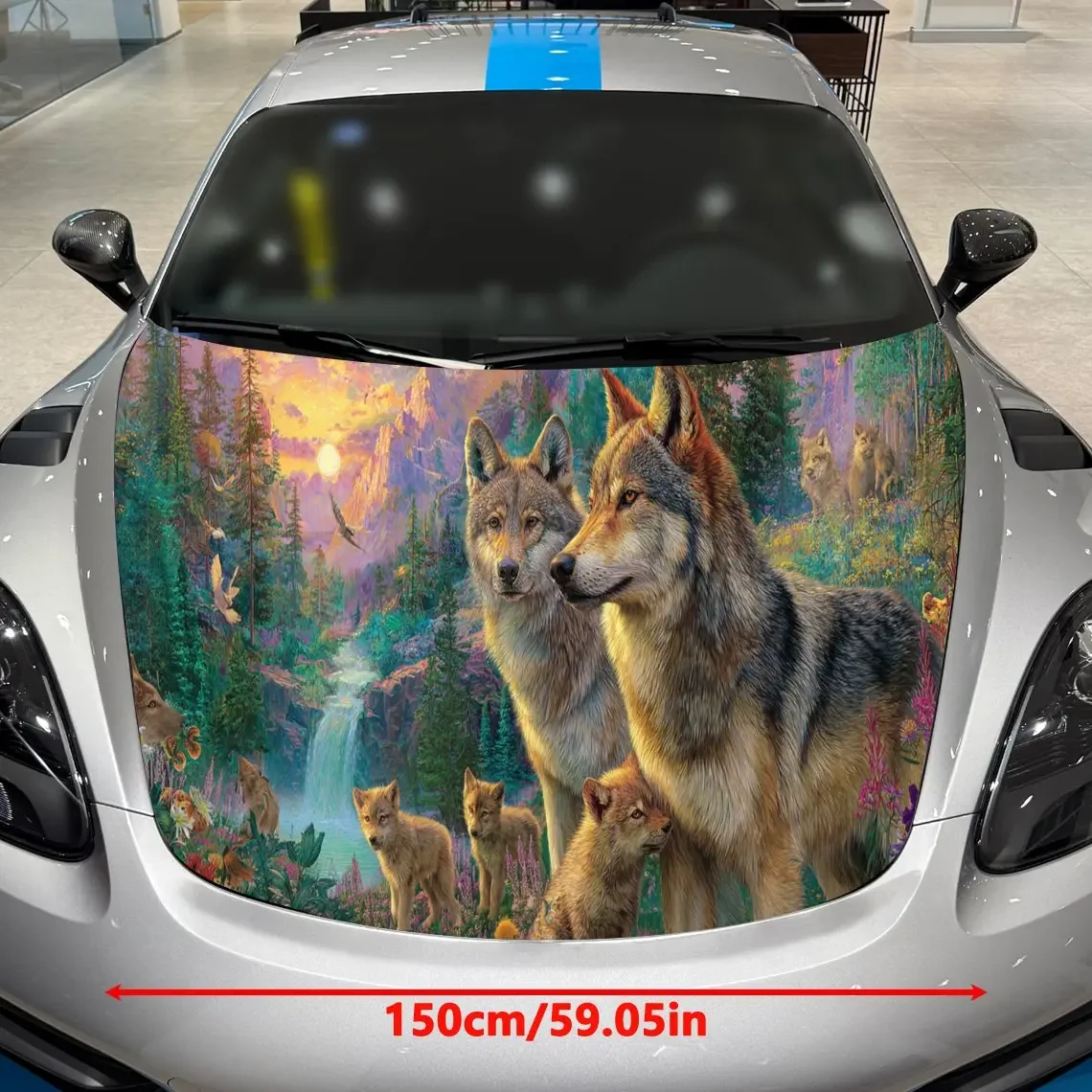 Wolf Family Forest Adventure PVC Car Hood Wraps, Self-Adhesive Waterproof Car Bonnet Decal Sticker, Car Decoration Protection St