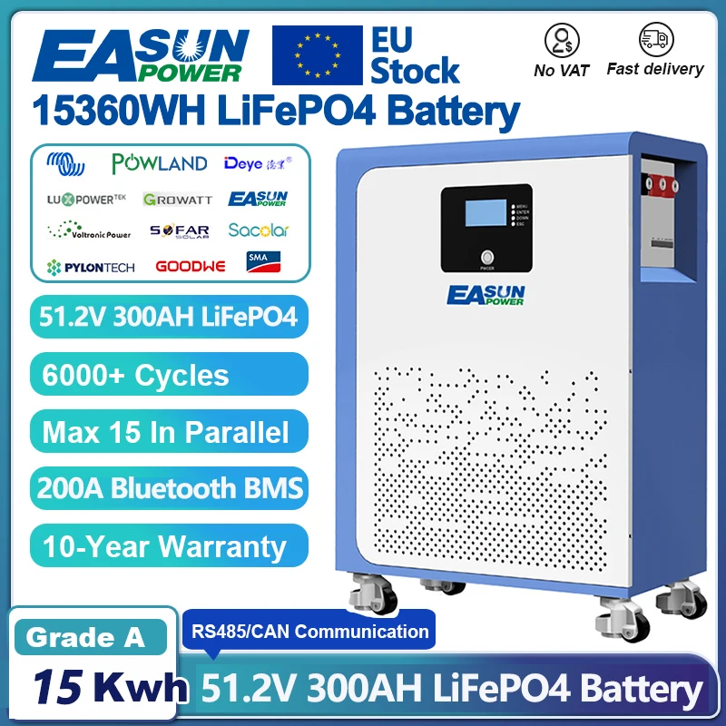 Batteria LiFePO4 EASUN POWER 48V 300AH 100AH 15KWH, oltre 6000 cicli, supporto BMS Bluetooth in serie/parallelo, STOCK UE