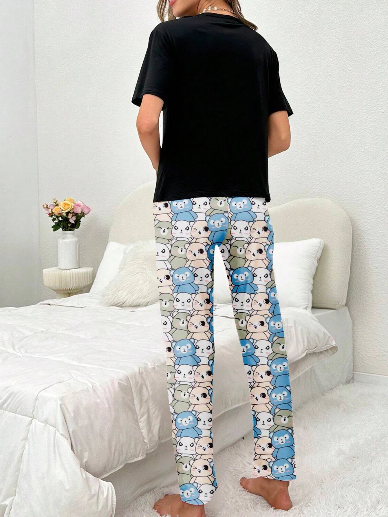 Cartoon Bear Slogan Print Women Pajamas Set Round Neck Short Sleeve Top Elastic Pants Ladies Sleepwear Loungewear Set