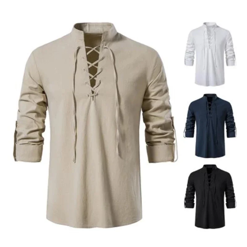 

2024 New Men Long Sleeve Stand V-neck T-shirt Cotton Linen Casual Men's T-shirt Male Breathable Front Lace Up Tops Solid Blouse