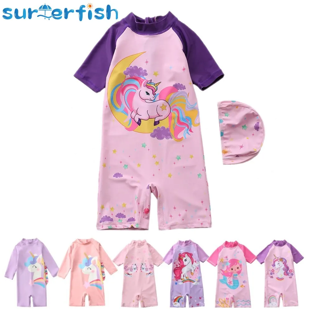 UPF50+ Unicorn Print Baby Girl Swimsuit Mermaid Kids Swimwear Two Piece Toddler Infant Bathing Suit for Girls Children Cap