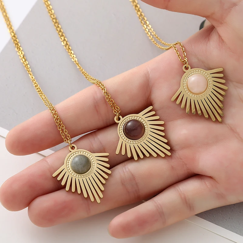 Bohemia Geometric Triangle Natural Stone Pendant Necklace for women Fashion Stainless Steel Oval Charms Jewelry Making Wholesale