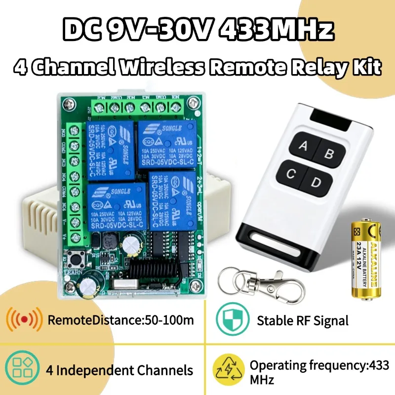 433Mhz RF Wireless Home Appliance Switch DC 12V Receiver 4 Channel 10A Relay Controller and Transmitter for Gate Door Opener