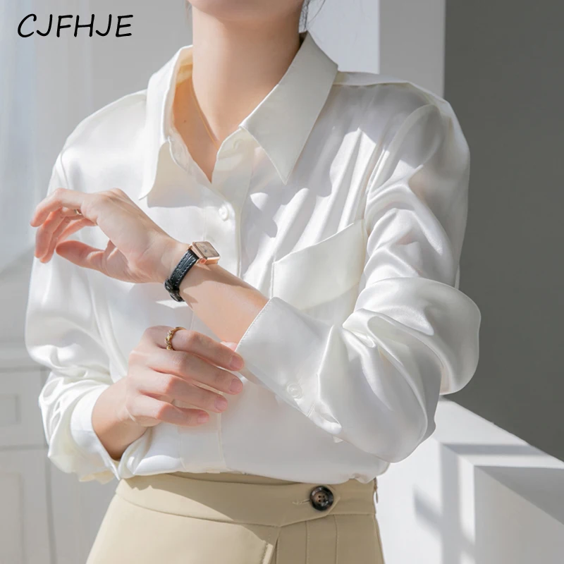 CJFHJE-Camisa feminina branca cetim, blusa elegante, manga comprida, temperamento, escritório, roupa de trabalho, tops de deslocamento, botões, primavera, outono