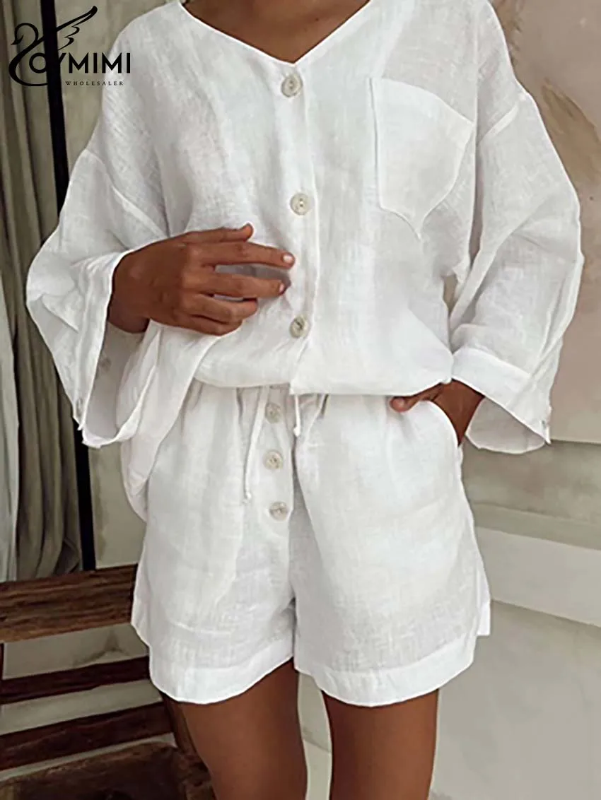 Oymimi Fashion White Cotton Sets Womens 2 Piece Elegant Long Sleeve Button Pockets Shirts And High Waist Drawstring Shorts Sets