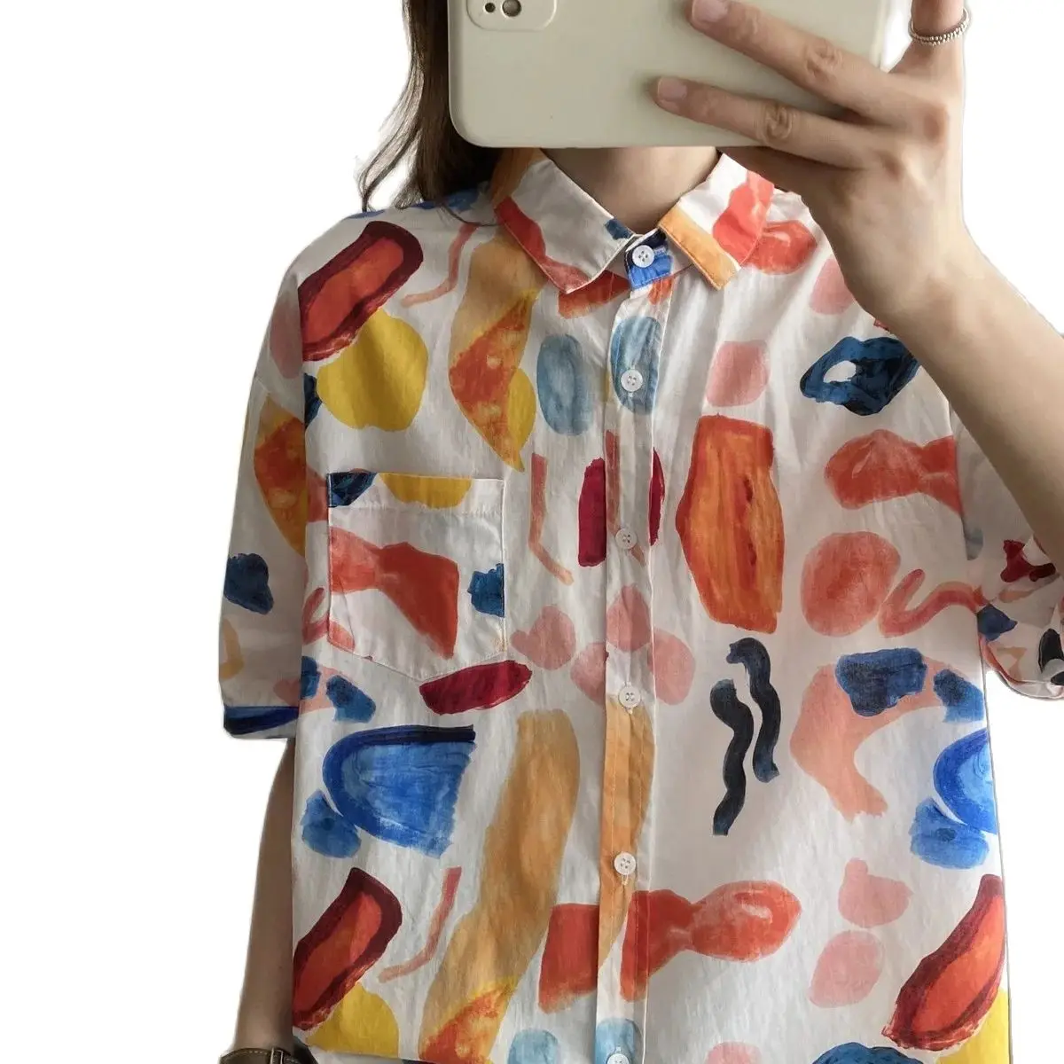 New Spring Cotton Watercolor Printed Shirt Women Lapel Short Sleeve Literature Top Girl Fashion Blouses 2024 Autumn T44960QC