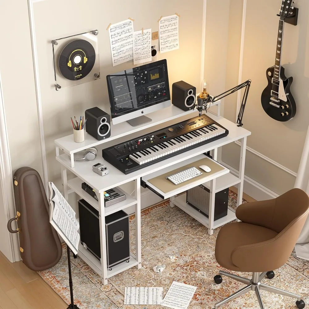 CubiCubi Computer Desk with Keyboard Tray, 47 Inch Office Desk with Monitor Stand and Storage Shelves, Music Studio Desk Worksta