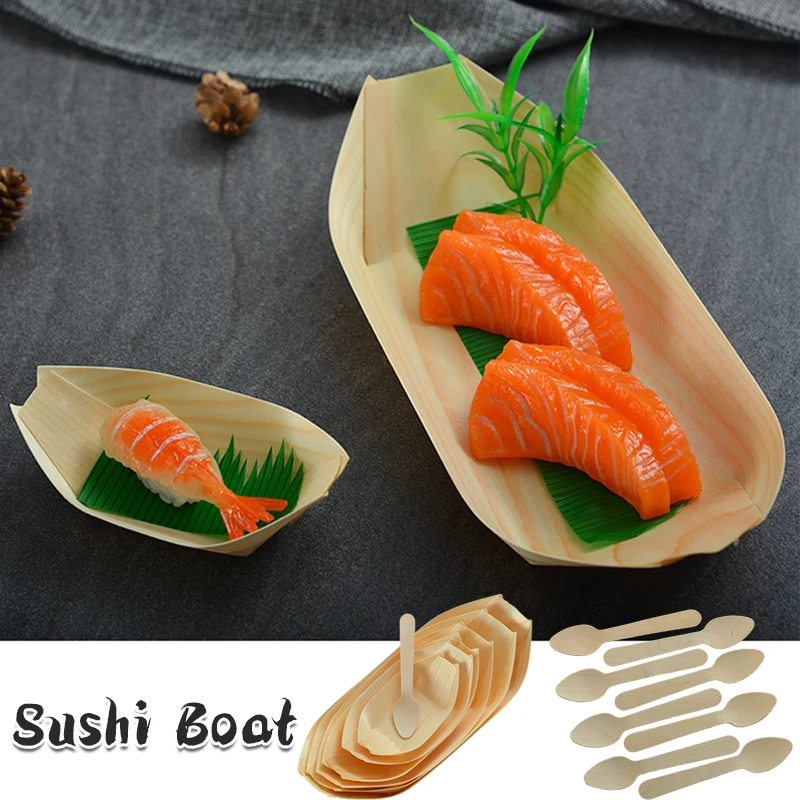 

50pcs Mini Sushi Boats Serving Tray Food Plate Boats Disposable Paper Wooden Plates Sashimi Snack Platter Dish Container Trays