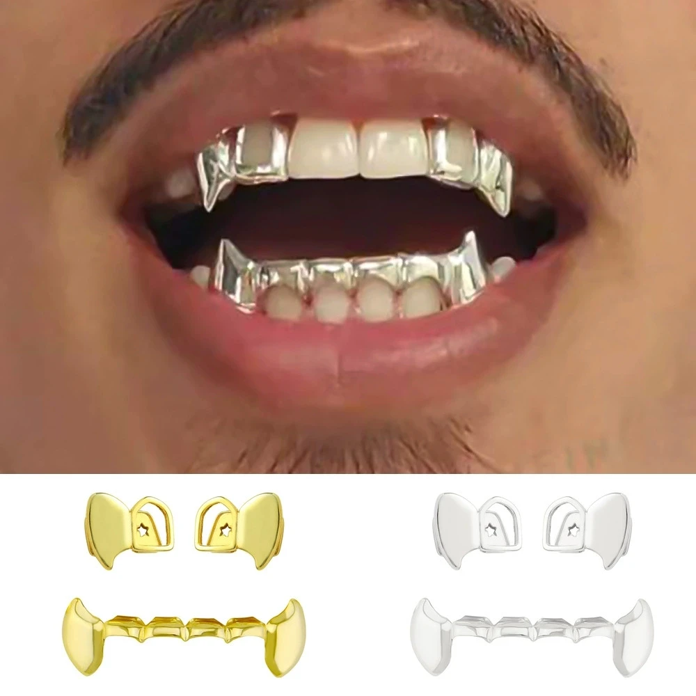TOPGRILLZ brillante 3 uds DIY doble hueco dientes Grillz colmillos superior e inferior parrillas dentales conjunto para vampiro Halloween regalo de Navidad