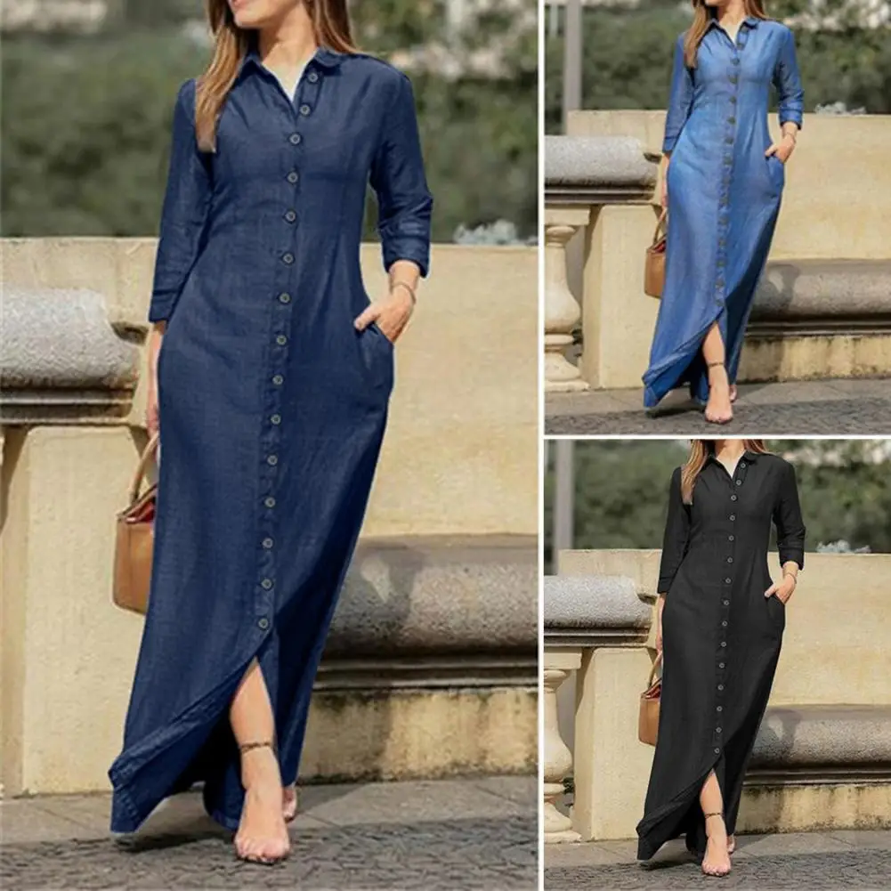 

Turn-Down Collar 3/4 Sleeve Women Dress Two Pockets Solid Color Dress Single Breasted Denim Maxi Dress Ladies Clothing