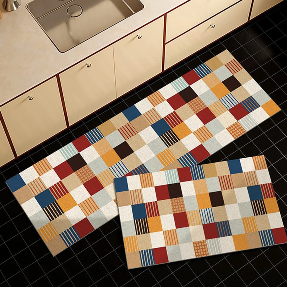 Kitchen Floor Mat Checkerboard Plaid Striped Carpet Long Strip Runner Rugs PVC Non-slip Mats Home Decoration Alfombras De Cocina