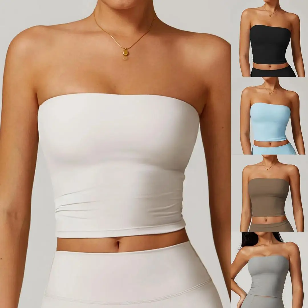 A Women Strapless Tops Sexy Off Shoulder Backless Going Out Sleeveless Crop Tank Tops Shock-absorbing Quick Drying Fitness Top
