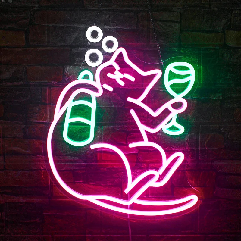 Drinking Cat Neon Led Sign Dimmable Beer Cat Neon Lights Animal Neon Light for Wall Light up Sign for Room Decor