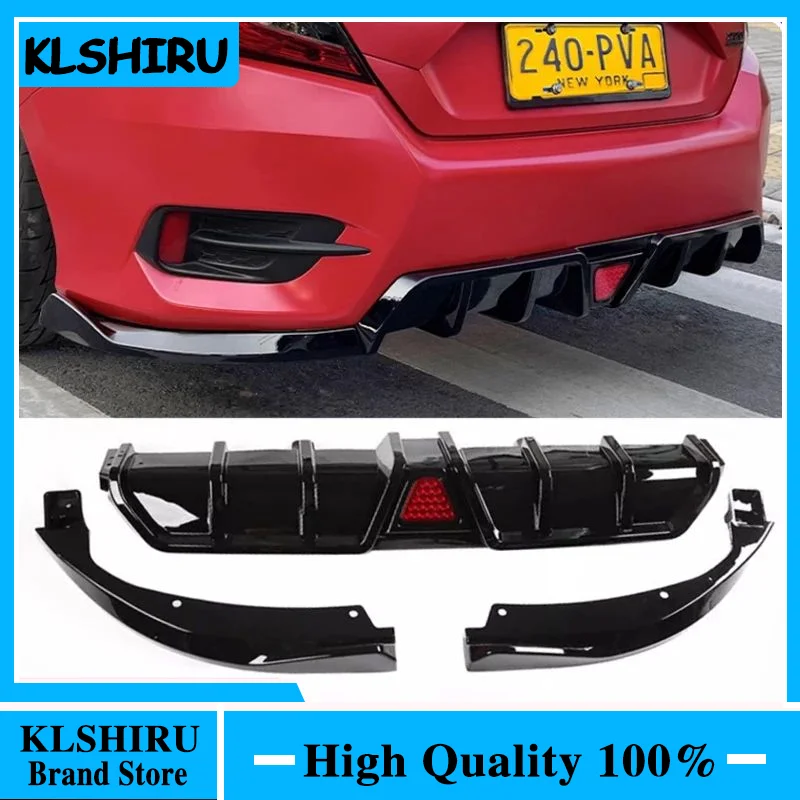 For Honda Civic 2016-2022（With Light）High Quality ABS Bright Black & ABS Carbon Bumper Lip Rear Trunk Diffuser Spoiler