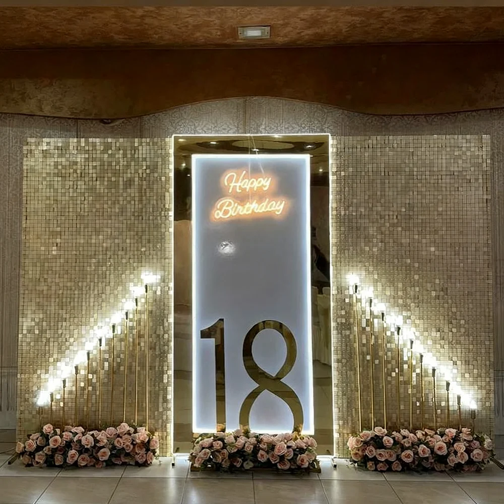 

FSDKX Luxury Event Decoration Props Gold Mirror LED Light Acrylic Arch Shiny Sequins Panel Wall Backdrop Stand