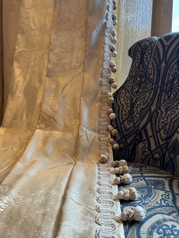 

Customized Milk Tea Color Gold Silk Relief Reed Jacquard Blackout Curtains For Bedroom Living Room Villa French Window Balcony