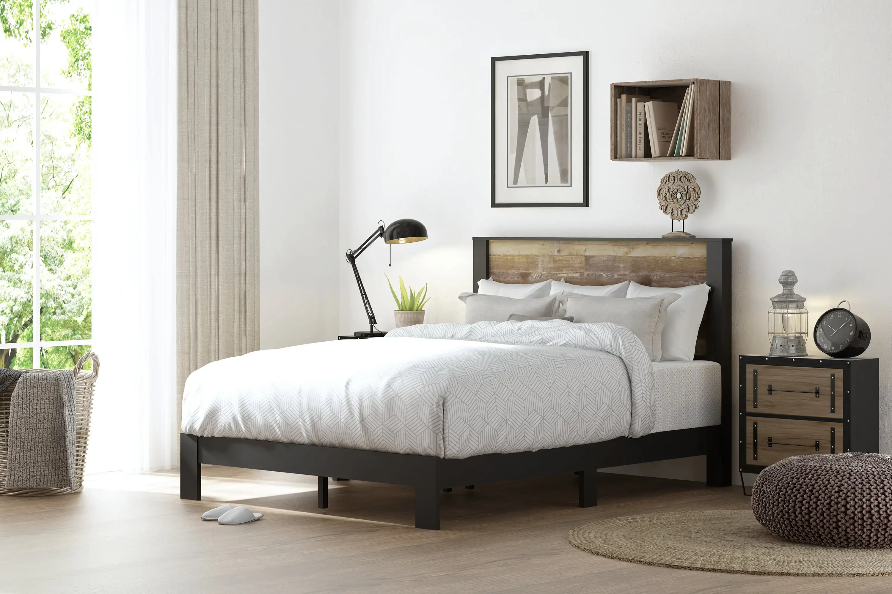 Queen Platform Bed, Knotty Oak and Black Matte