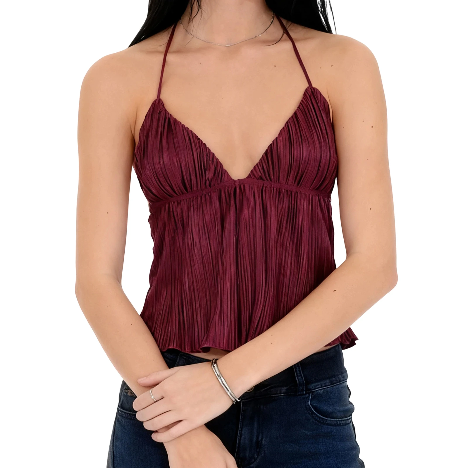 Women Tank Tops Solid Color Pleated V-Neck Tie-Up Halter Neck Casual Vests Summer Fashion Sleeveless Tops Streetwear
