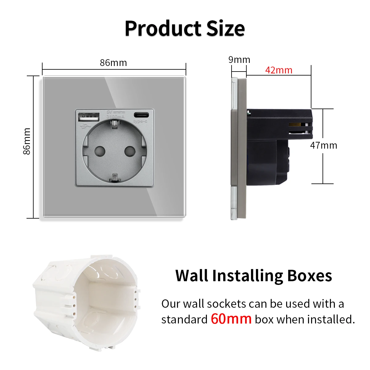 Bingoelec EU Russia Standard Wall Socket with Daul USB Electrical Outlet TypeC Plug Grey Crystal Glass Panel Power Socket