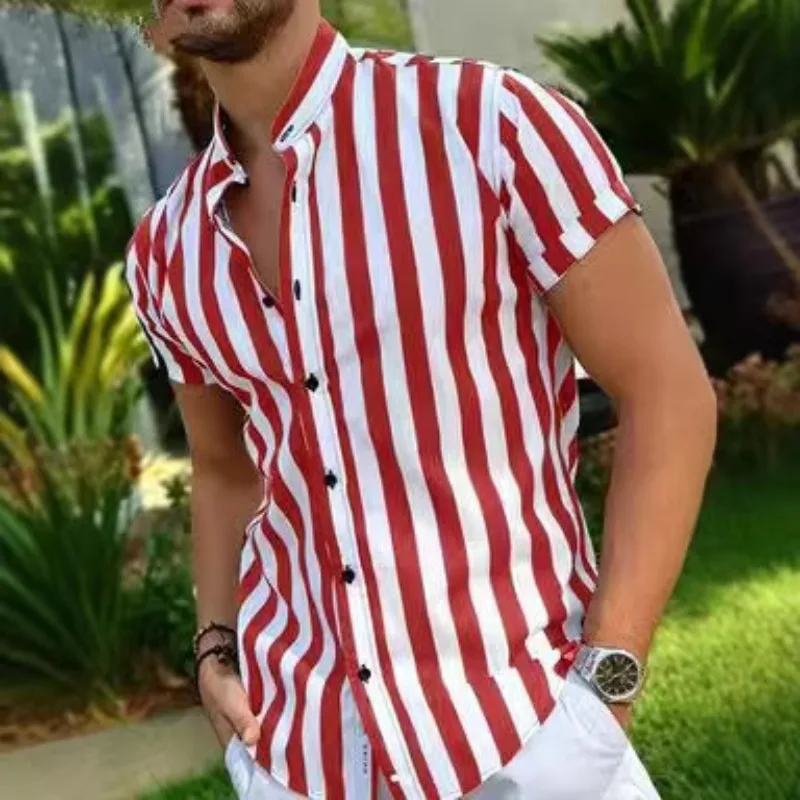 

Summer Men's Casual Short Sleeve Shirt Stand Neck Striped Loose Short Sleeve Shirt