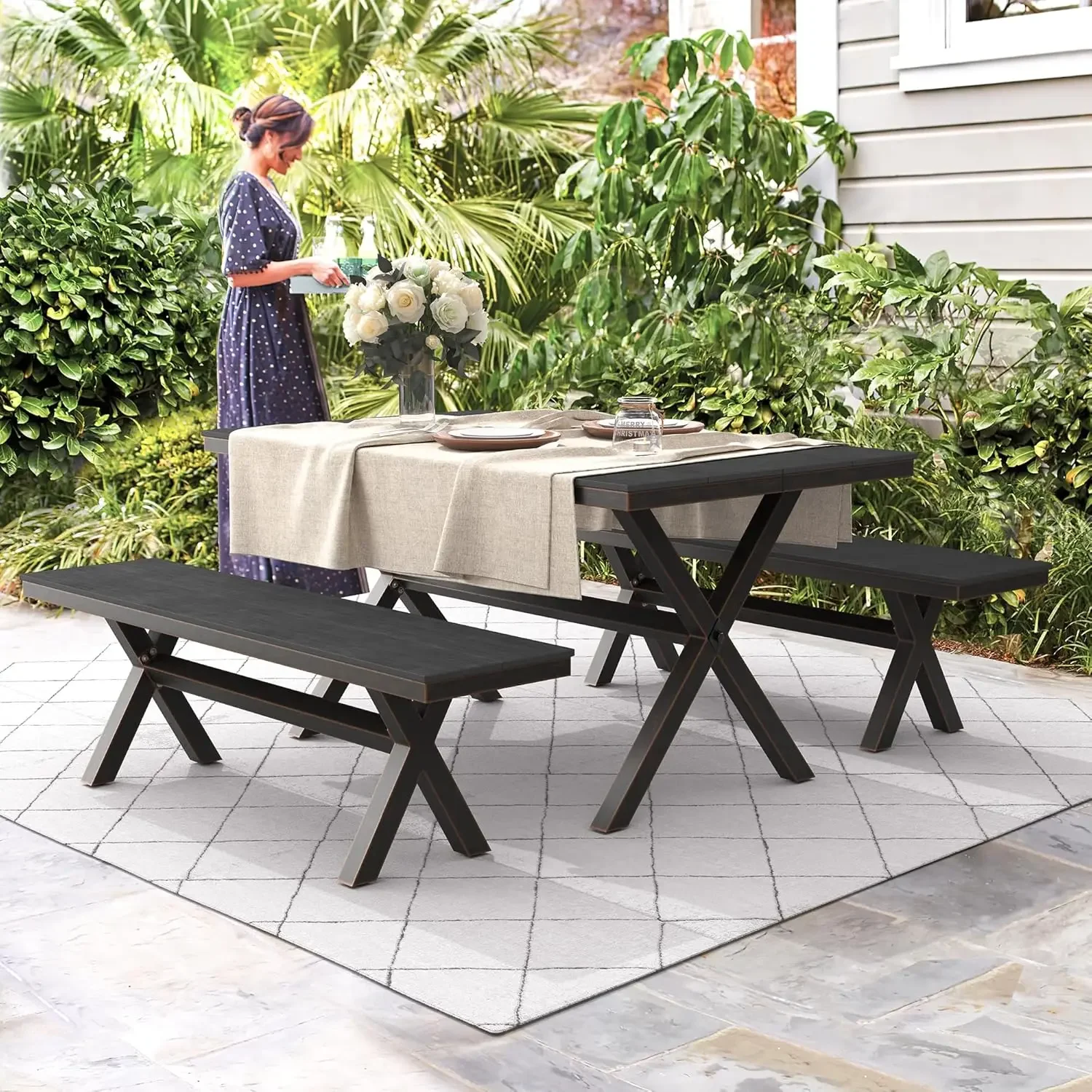 3 Pieces Patio Table Set, HDPS and Aluminum Material, Outdoor Dining Table Set with 2 Benches, Weather Resistant