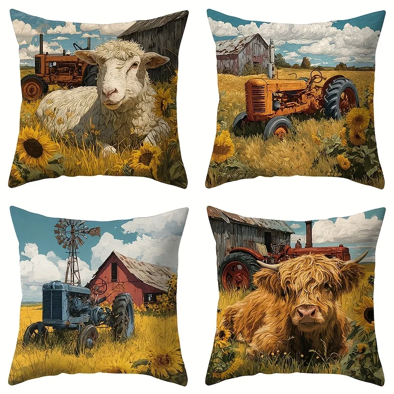 4pcs Rural Animal Scenery Single-sided printing Short plush Suitable for living rooms bedrooms sofas (excluding pillow cores)