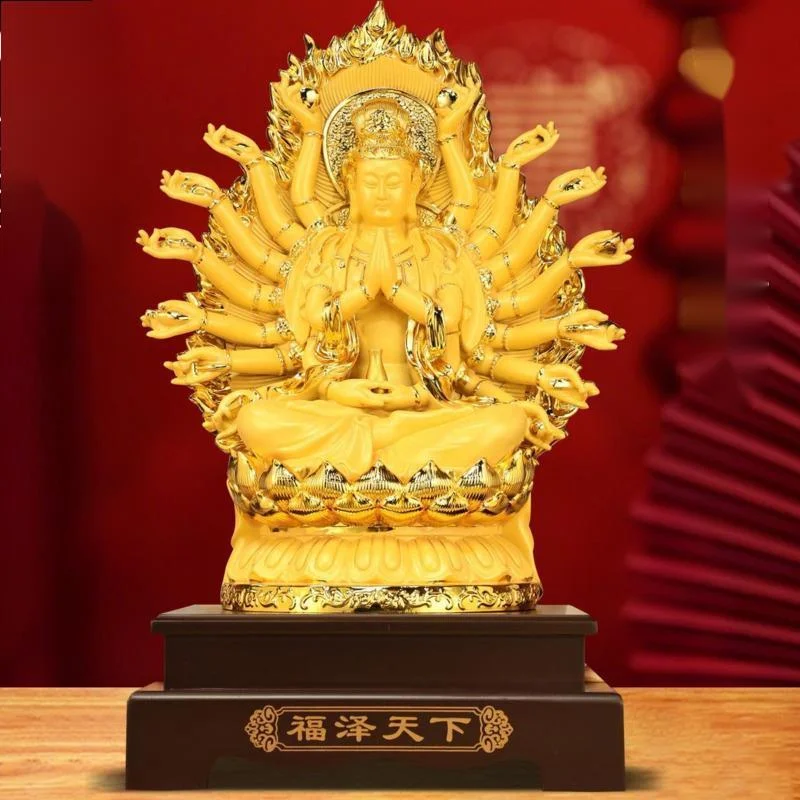 Golden Thousand Hand Guanyin Buddha Statue, Ornament Avalokitesvara Bodhisattva Idol Fengshui Home, Living Room Altar Decor Gift