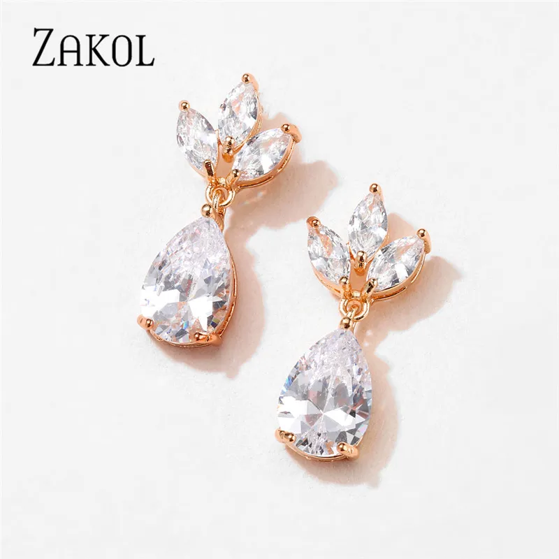 ZAKOL Sliver Color Crystal Water Drop Earrings for Women Cubic Zirocn Leaf Bridal Earring Wedding Jewelry Wholesale EP2398