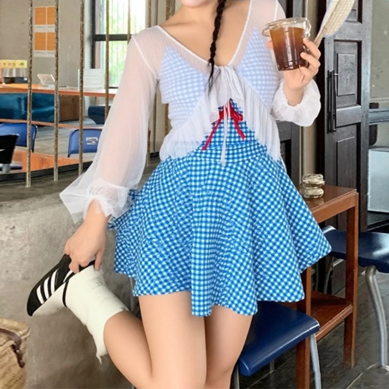 

Plus Size Swimsuit One-piece Three-piece Retro Plaid Long-sleeved Sun Protection Slimming Fat Girl Hot Spring Swimsuit