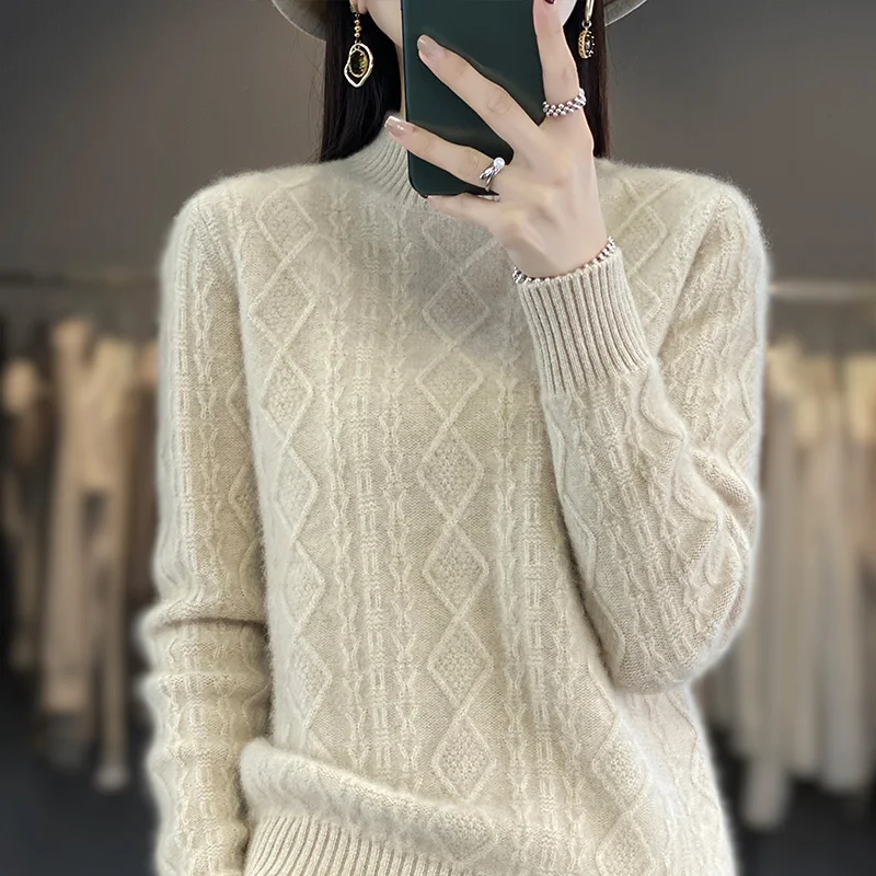 LDZWSM Autumn and winter warm women\'s cashmere sweater twisted floral knitted wool sweater simple neck jumper